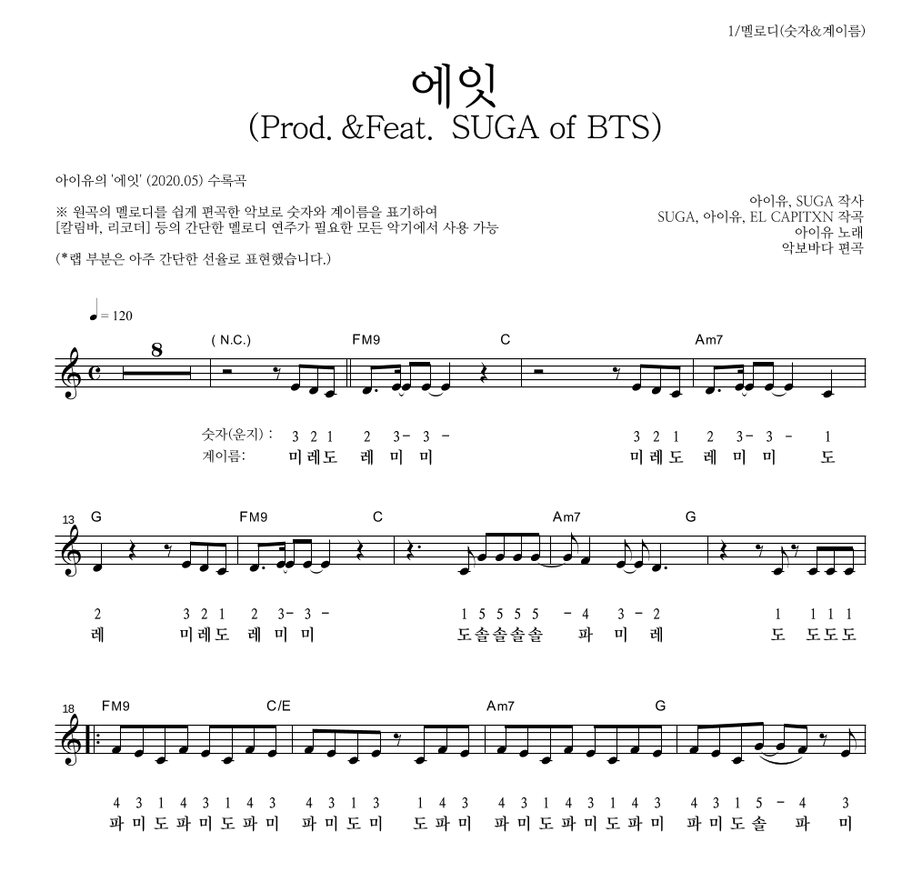 아이유 - 에잇(Prod.&Feat. SUGA of BTS) 멜로디-숫자&계이름 악보 