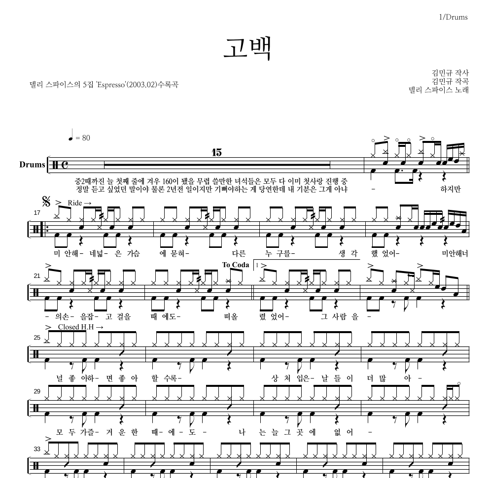 델리 스파이스 - 고백 드럼(Tab) 악보 