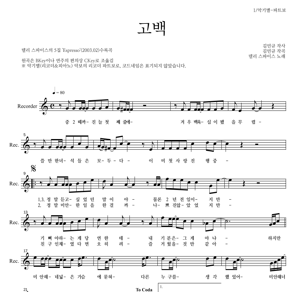 델리 스파이스 - 고백 리코더 파트보 악보 