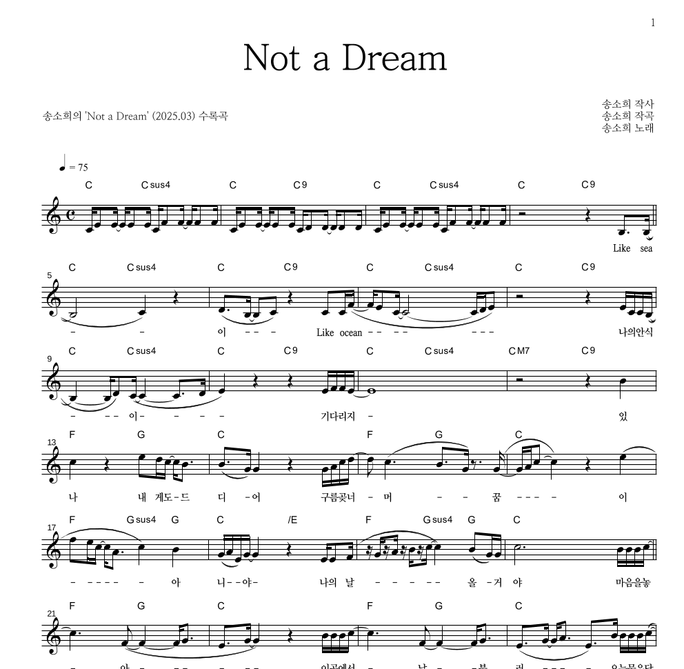 송소희 - Not a Dream 멜로디 악보 