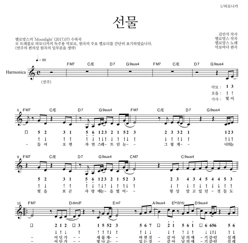 멜로망스 - 선물 하모니카 악보 