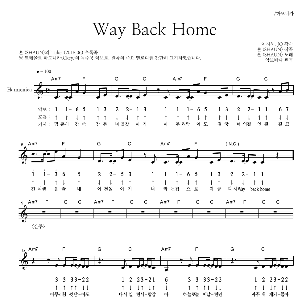 숀 - Way Back Home 하모니카 악보 