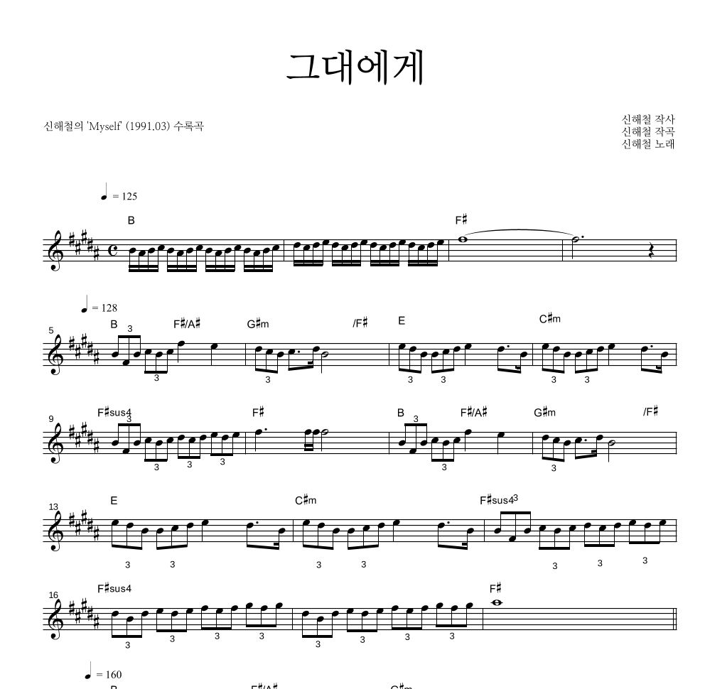 신해철 - 그대에게 멜로디 큰가사 악보 