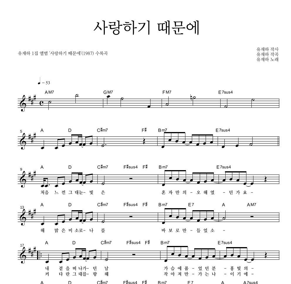 유재하 - 사랑하기 때문에 멜로디 악보 