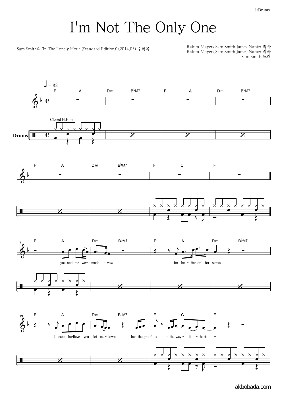 Sam Smith - I'm Not The Only One 드럼 악보 