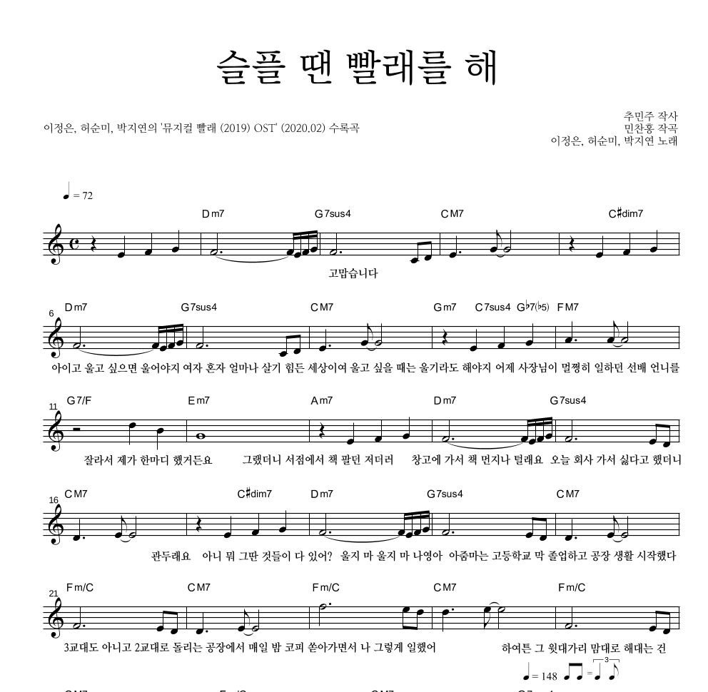 뮤지컬 빨래 OST - 슬플 땐 빨래를 해 멜로디 악보 