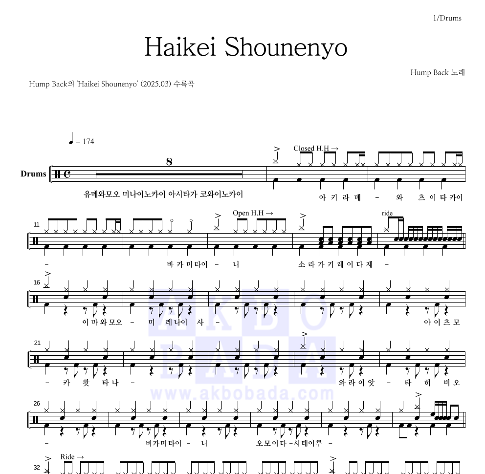 Hump Back - Haikei Shounenyo 드럼(Tab) 악보 