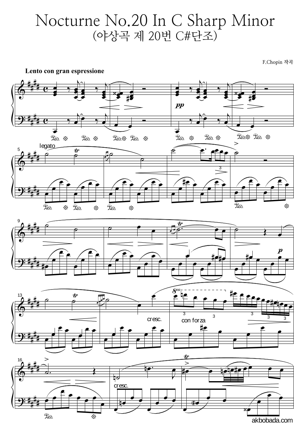 쇼팽 - Nocturne No.20 In C Sharp Minor Op.Post (야상곡 20번 올림 다단조) 피아노 2단 악보 
