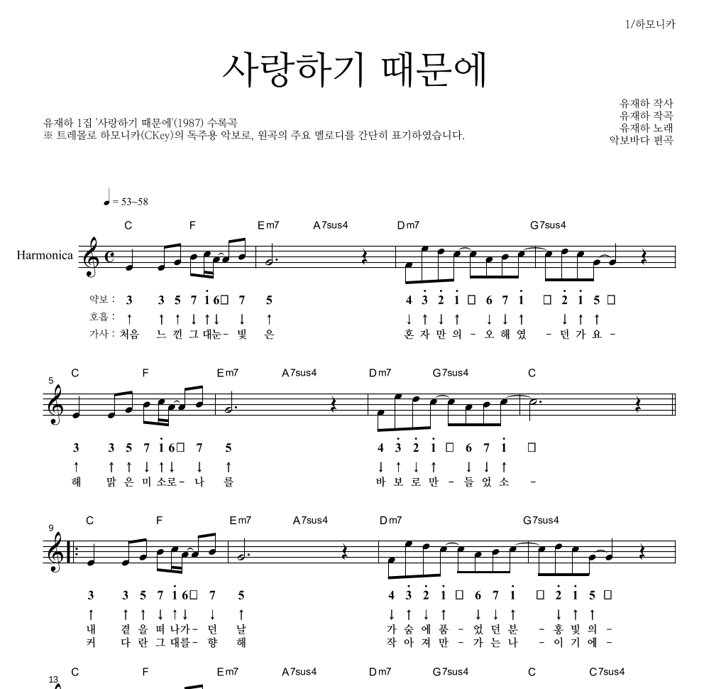 유재하 - 사랑하기 때문에 하모니카 악보 
