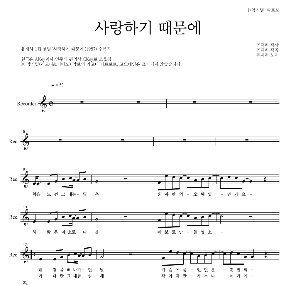 유재하 - 사랑하기 때문에 리코더 파트보 악보 