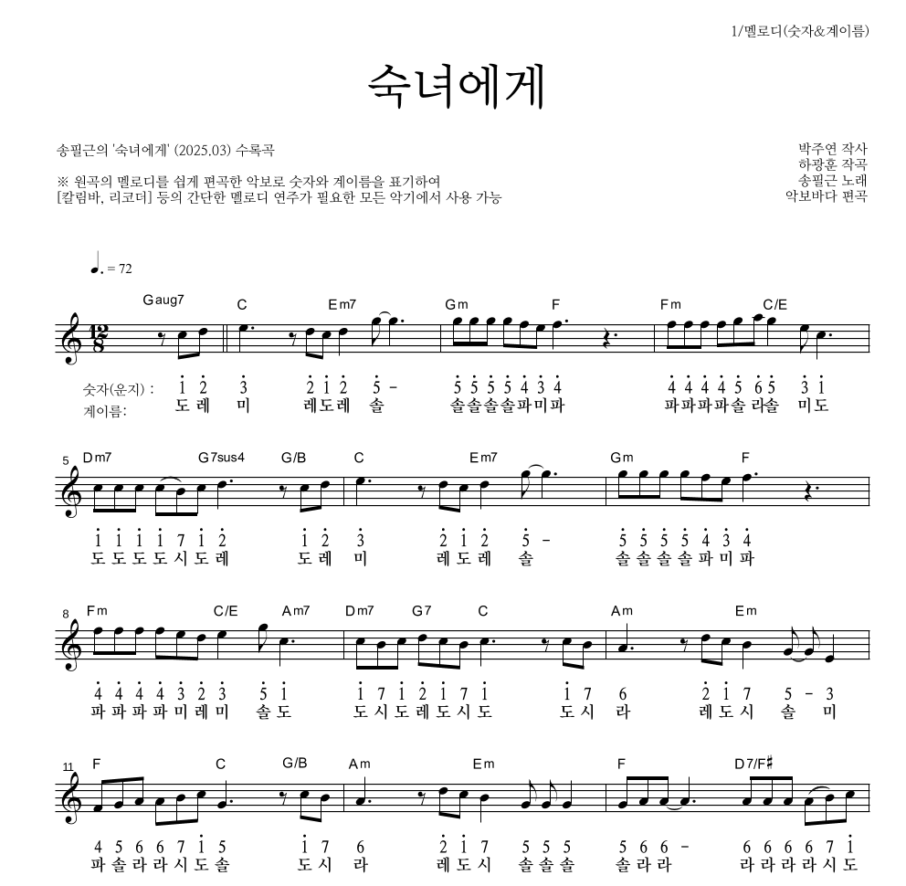 송필근 - 숙녀에게 멜로디-숫자&계이름 악보 