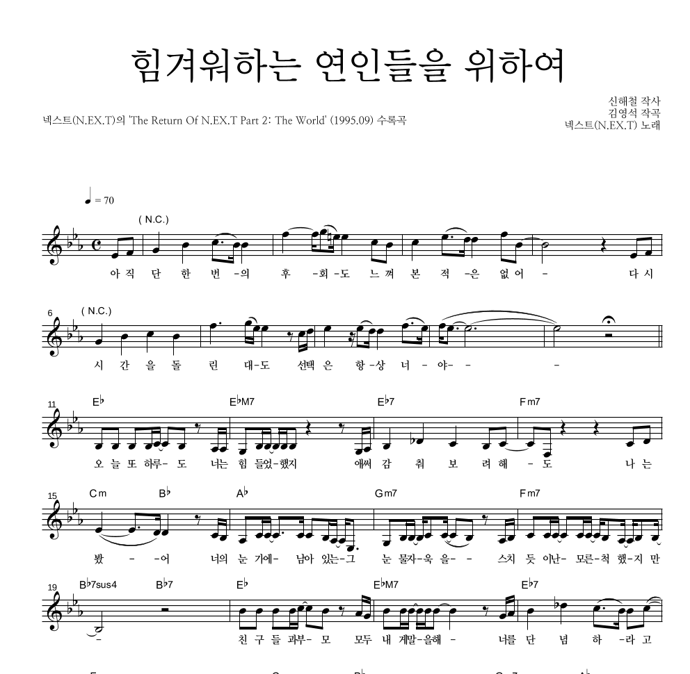 넥스트(N.EX.T) - 힘겨워하는 연인들을 위하여 멜로디 악보 