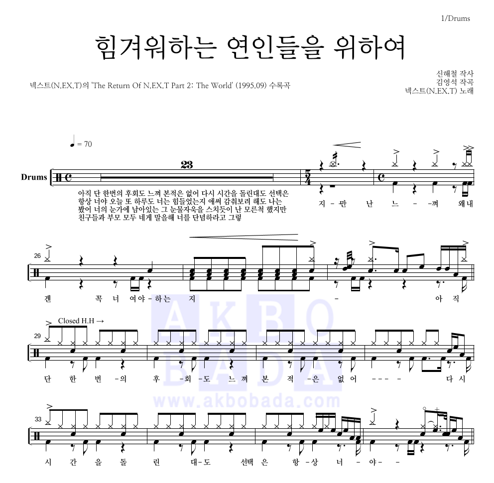 넥스트(N.EX.T) - 힘겨워하는 연인들을 위하여 드럼(Tab) 악보 