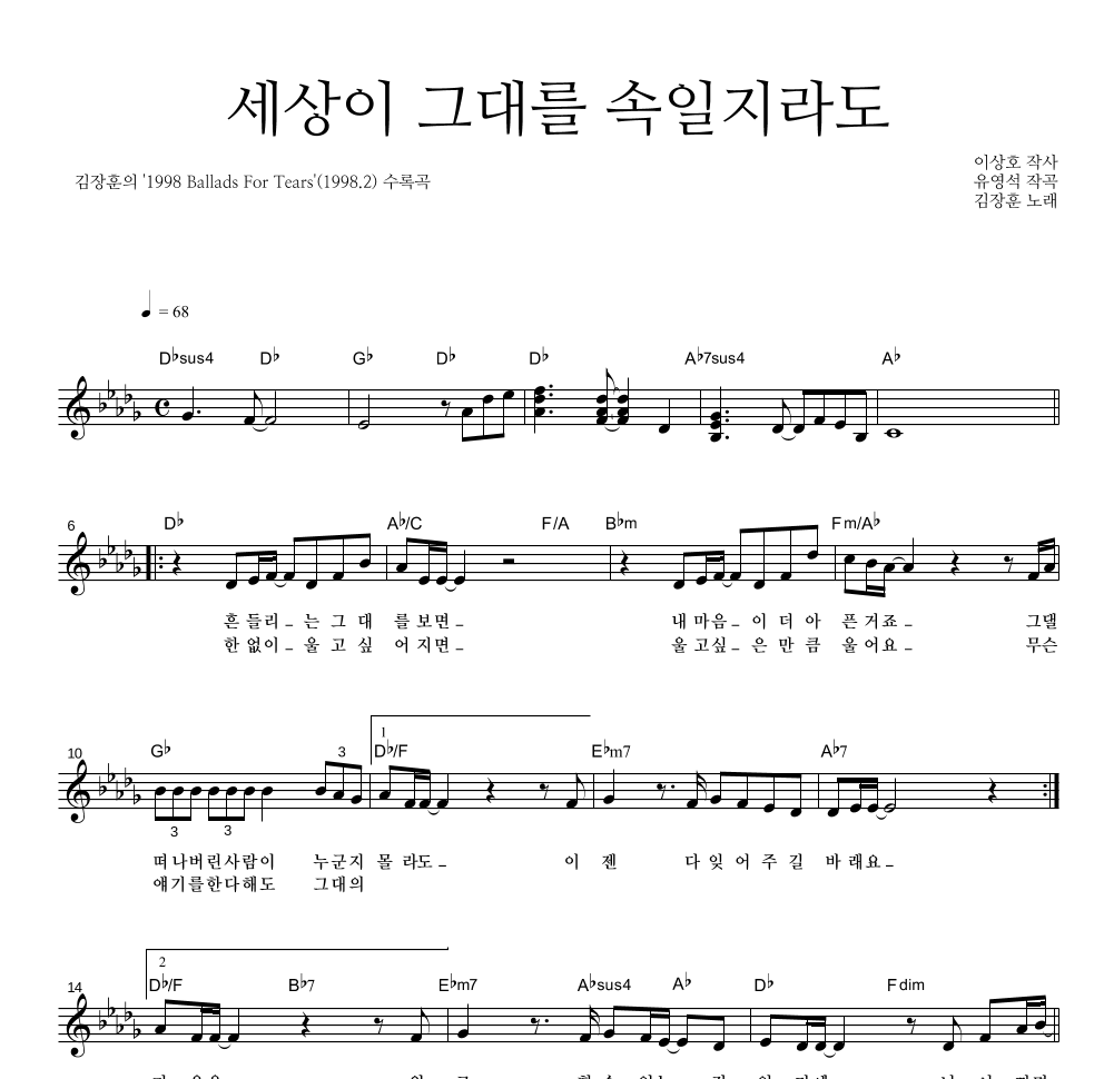 김장훈 - 세상이 그대를 속일지라도 멜로디 악보 