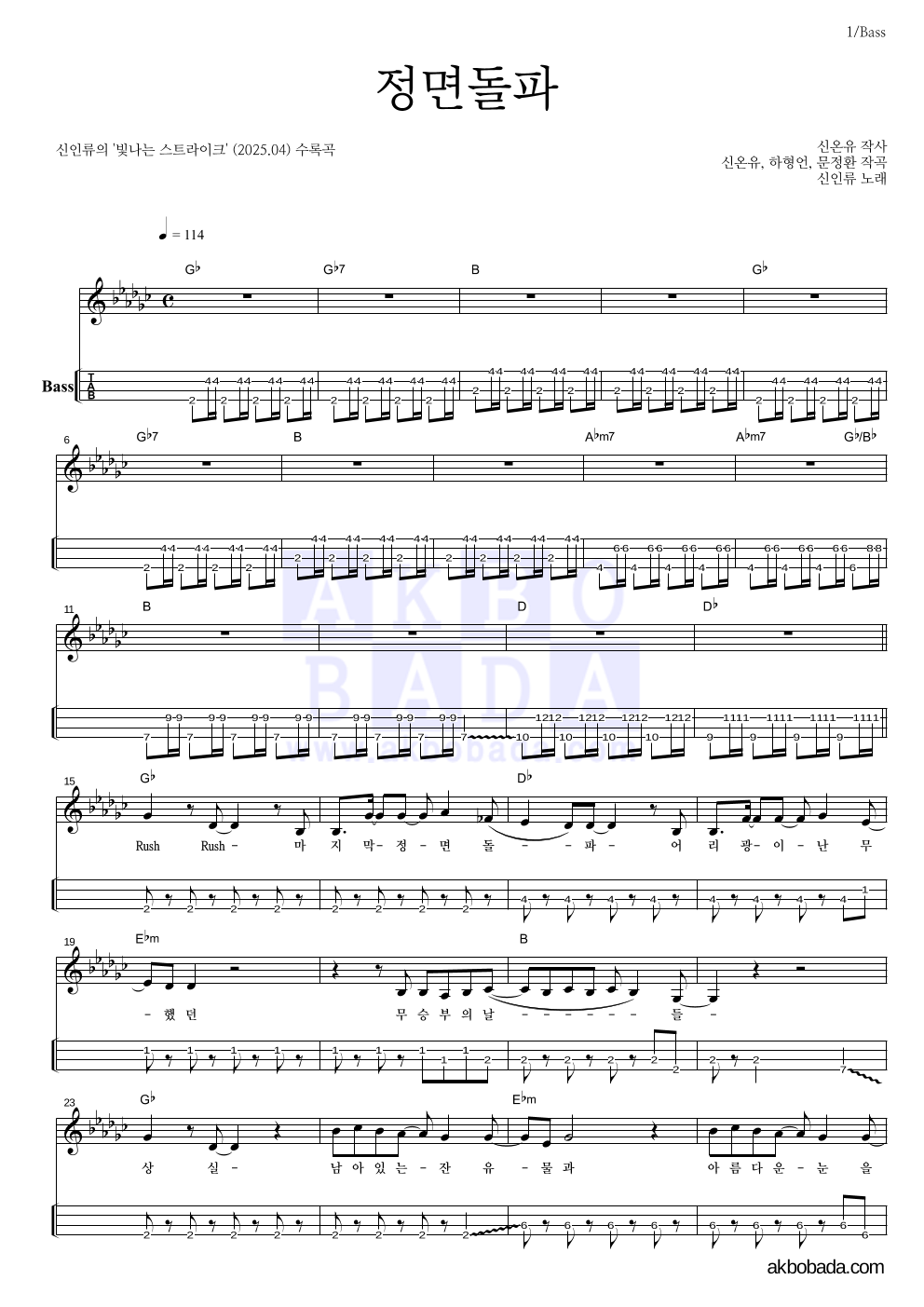 신인류 - 정면돌파 베이스(Tab) 악보 