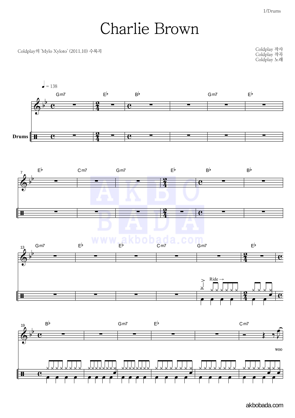 Coldplay - Charlie Brown 드럼 악보 