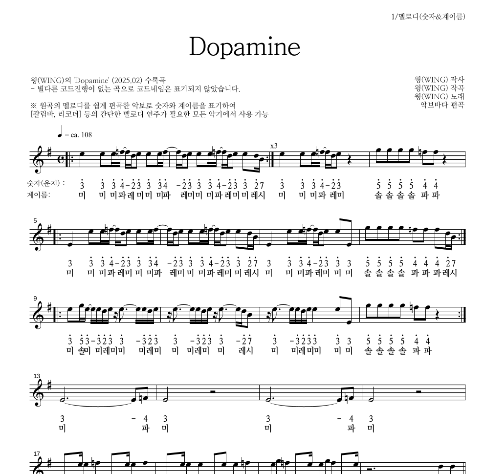 윙(WING) - Dopamine 멜로디-숫자&계이름 악보 