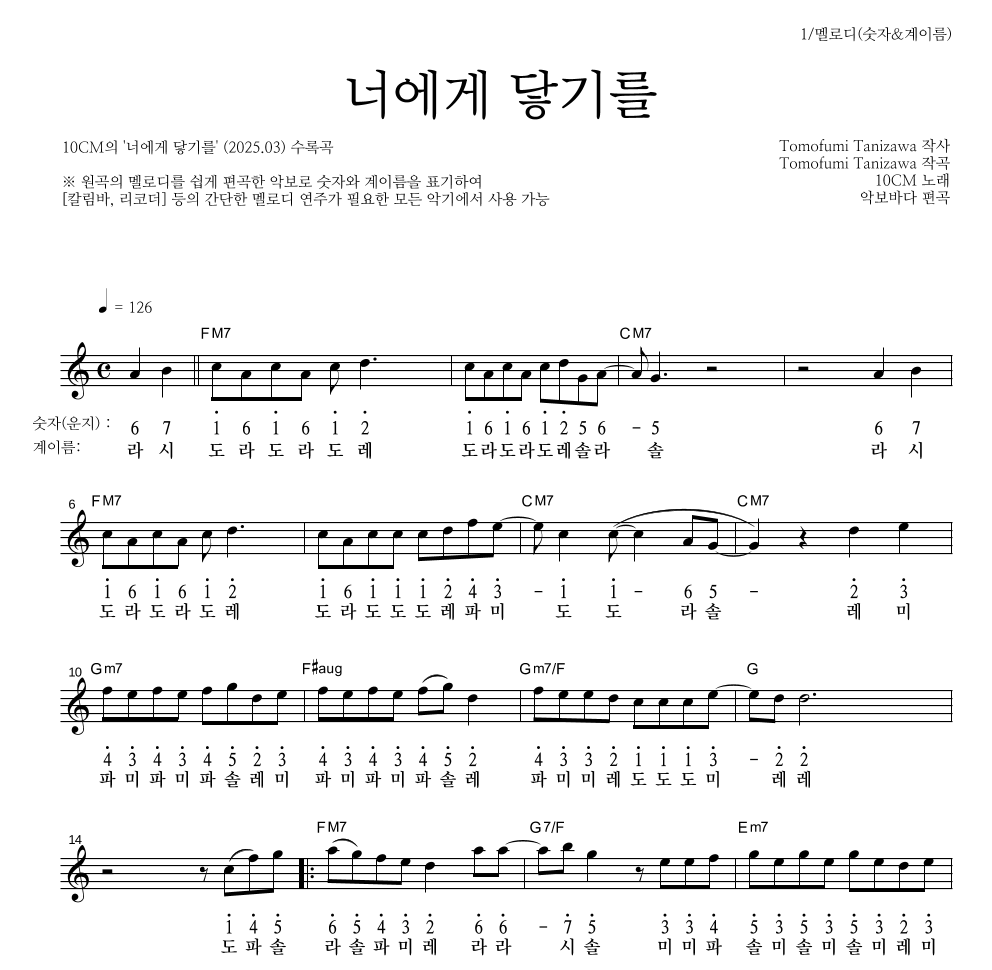 멜로디-숫자&계이름 악보 