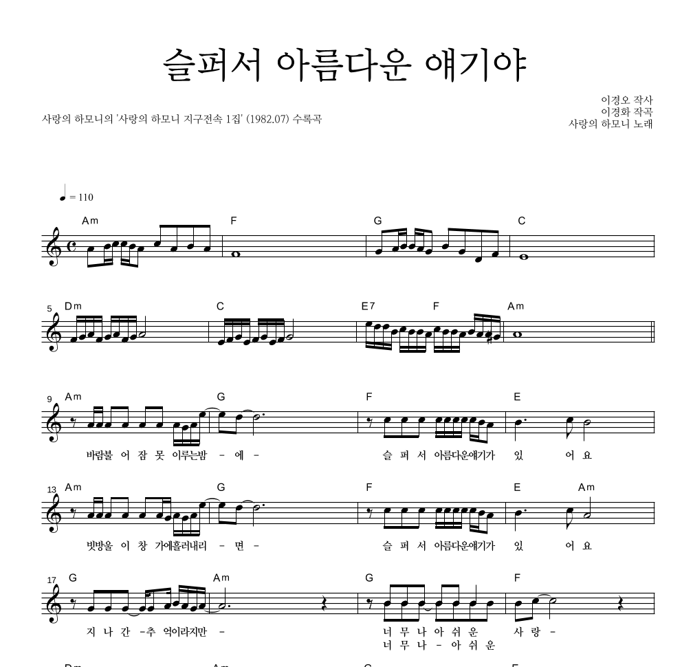 사랑의 하모니 - 슬퍼서 아름다운 얘기야 멜로디 악보 