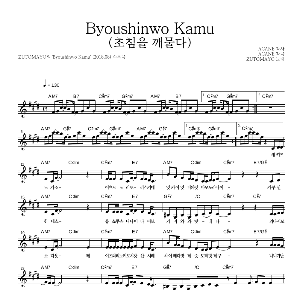 ZUTOMAYO - Byoushinwo Kamu (초침을 깨물다) 멜로디 악보 