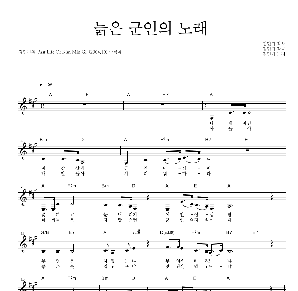 김민기 - 늙은 군인의 노래 멜로디 악보 