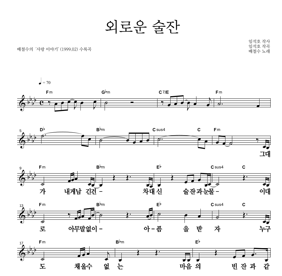 배철수 - 외로운 술잔 멜로디 큰가사 악보 