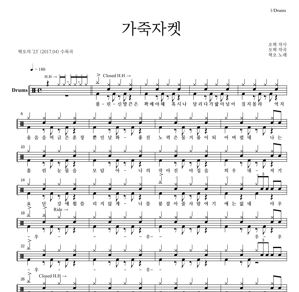 혁오 - 가죽자켓 드럼(Tab) 악보 