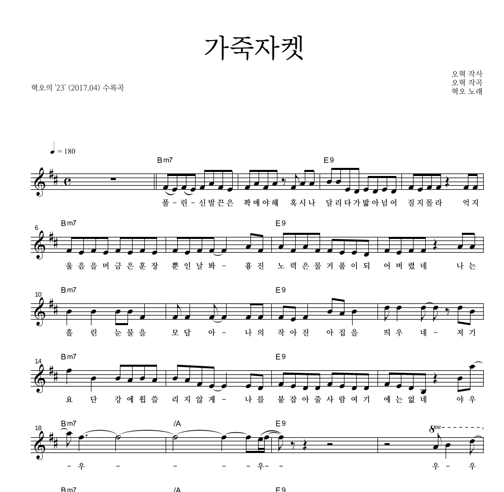 혁오 - 가죽자켓 멜로디 악보 