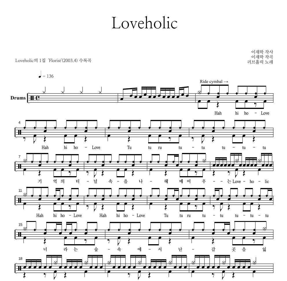 러브홀릭 - Loveholic 드럼(Tab) 악보 