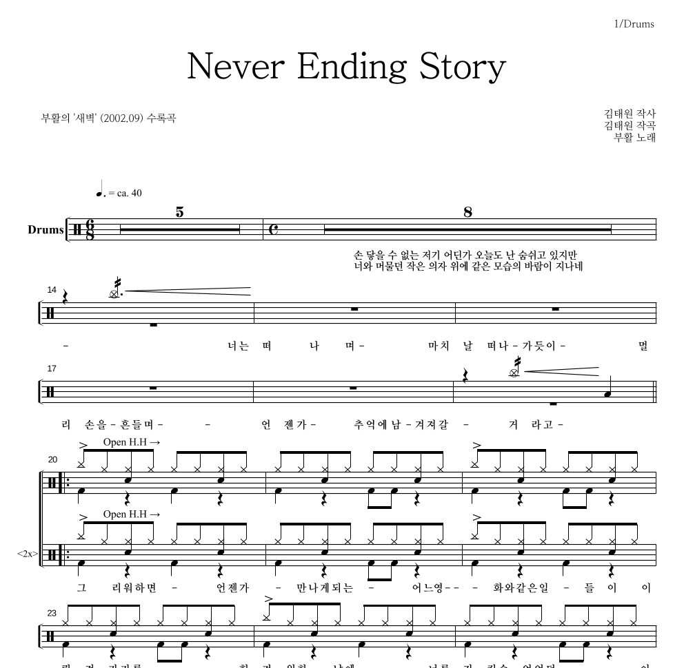 부활 - Never Ending Story 드럼(Tab) 악보 