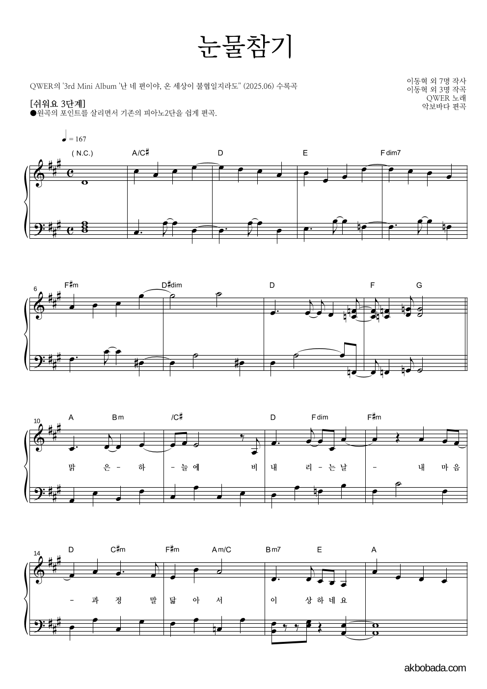 QWER - 눈물참기 피아노2단-쉬워요 악보 
