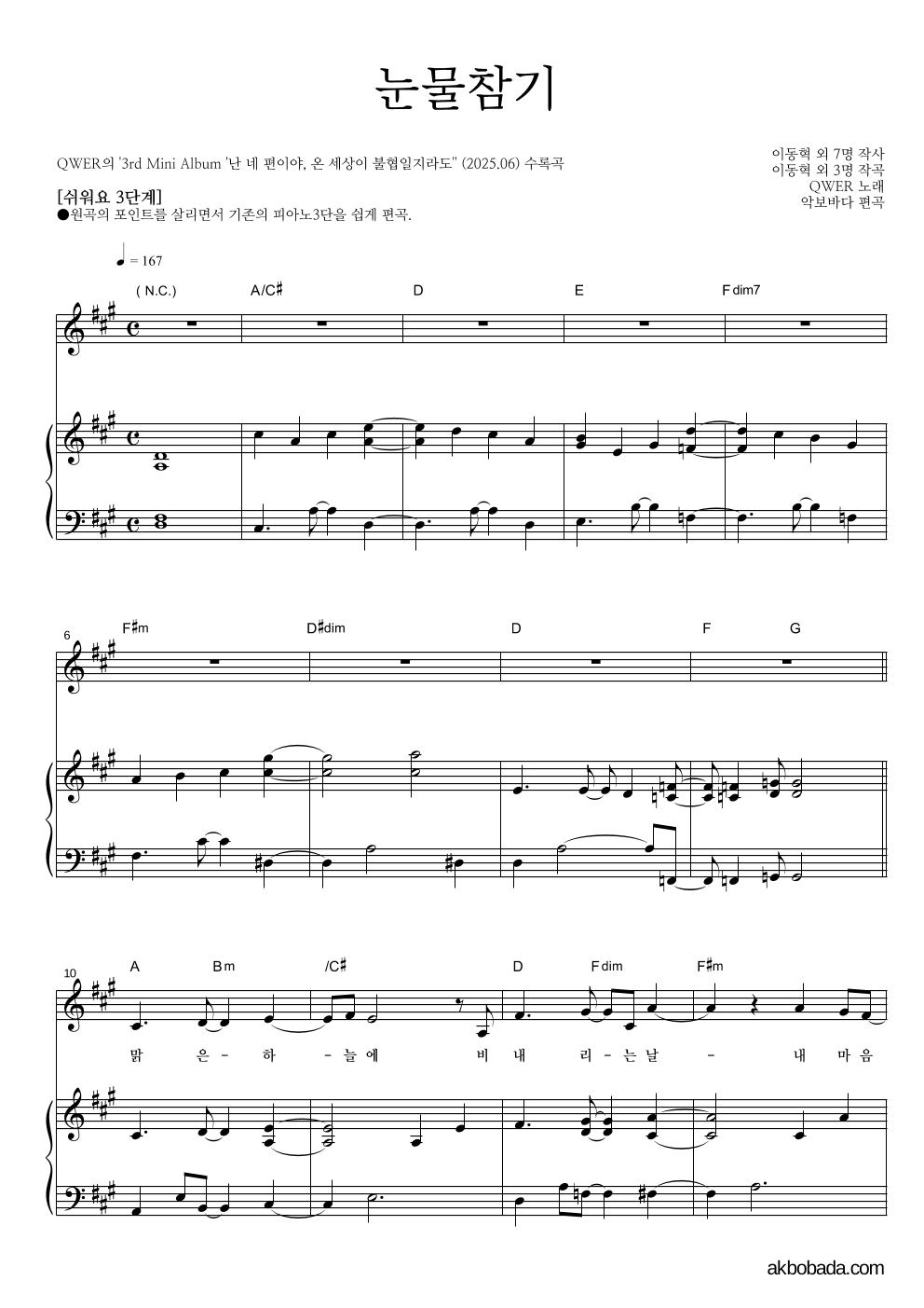 QWER - 눈물참기 피아노3단-쉬워요 악보 