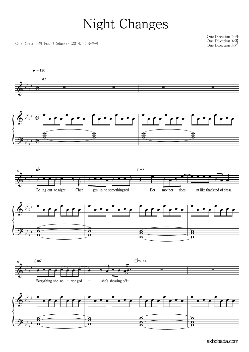 One Direction - Night Changes 피아노 3단 악보 