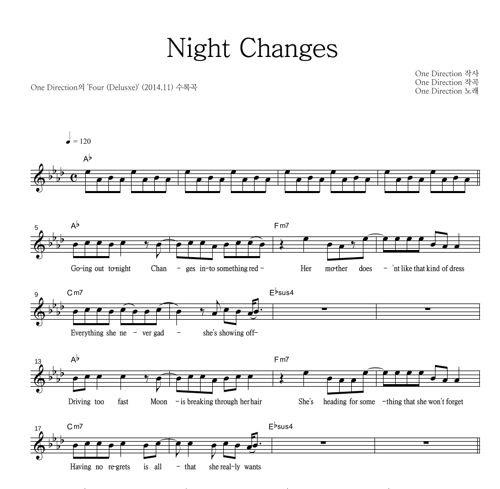 One Direction - Night Changes 멜로디 악보 