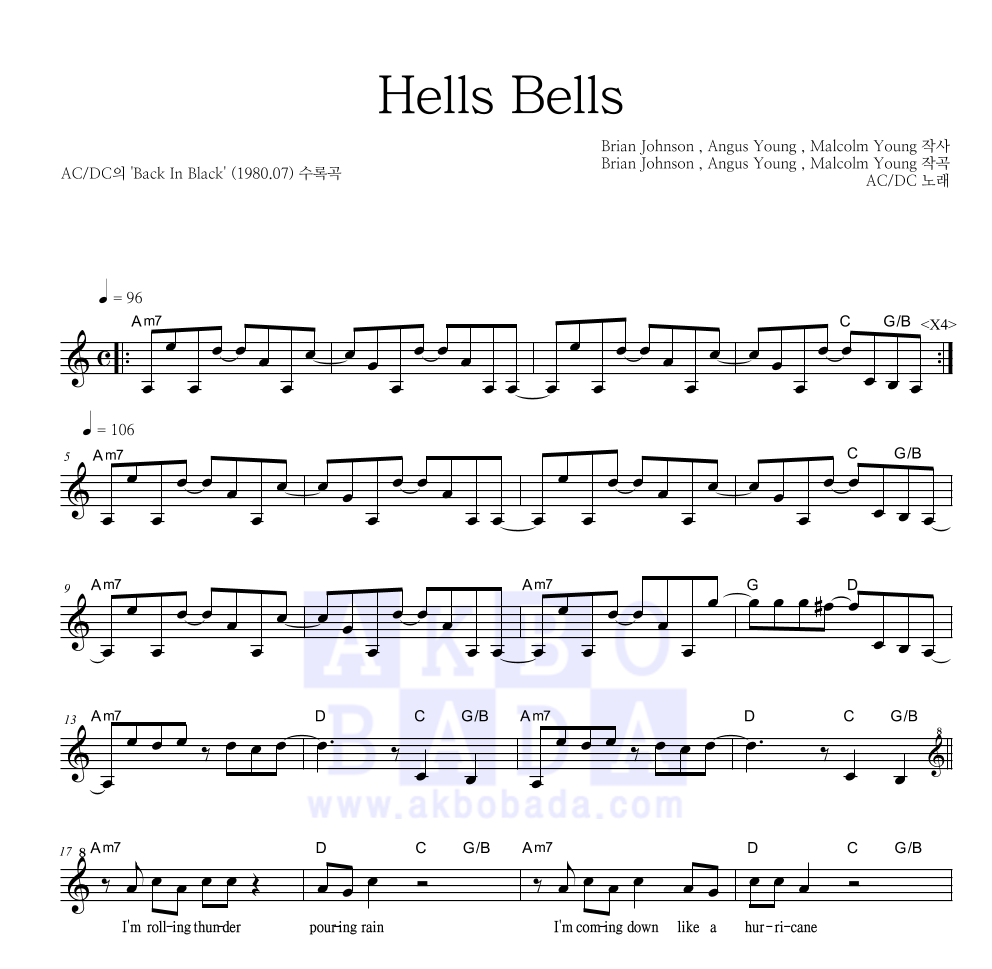 AC/DC - Hells Bells 멜로디 악보 