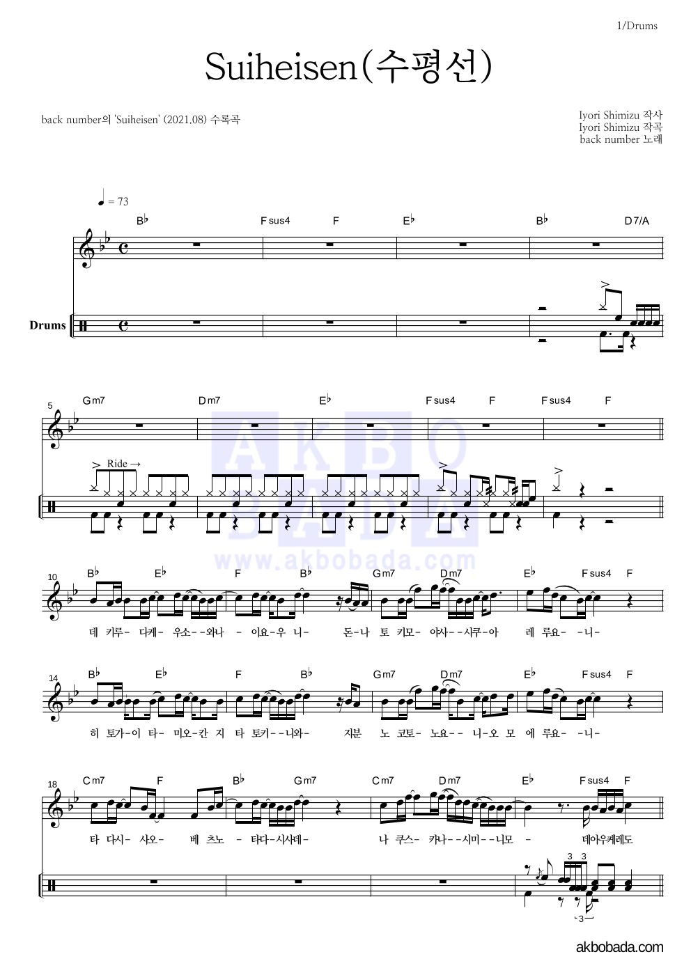 Back Number - Suiheisen(수평선) 드럼 악보 