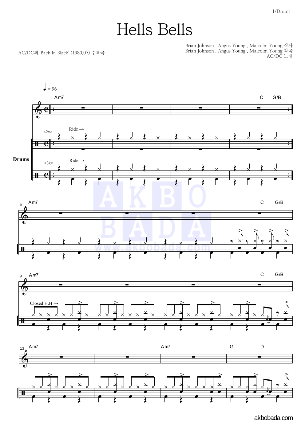 AC/DC - Hells Bells 드럼 악보 