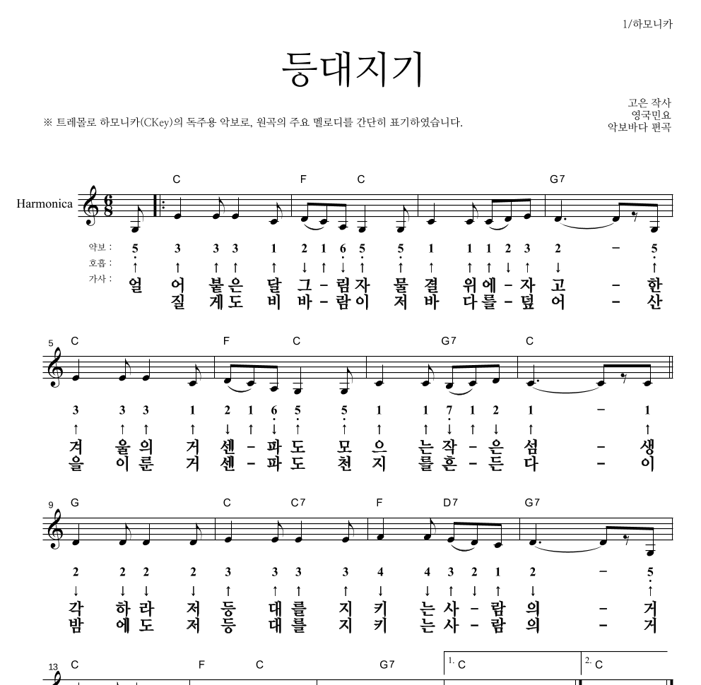 동요 - 등대지기 하모니카 악보 