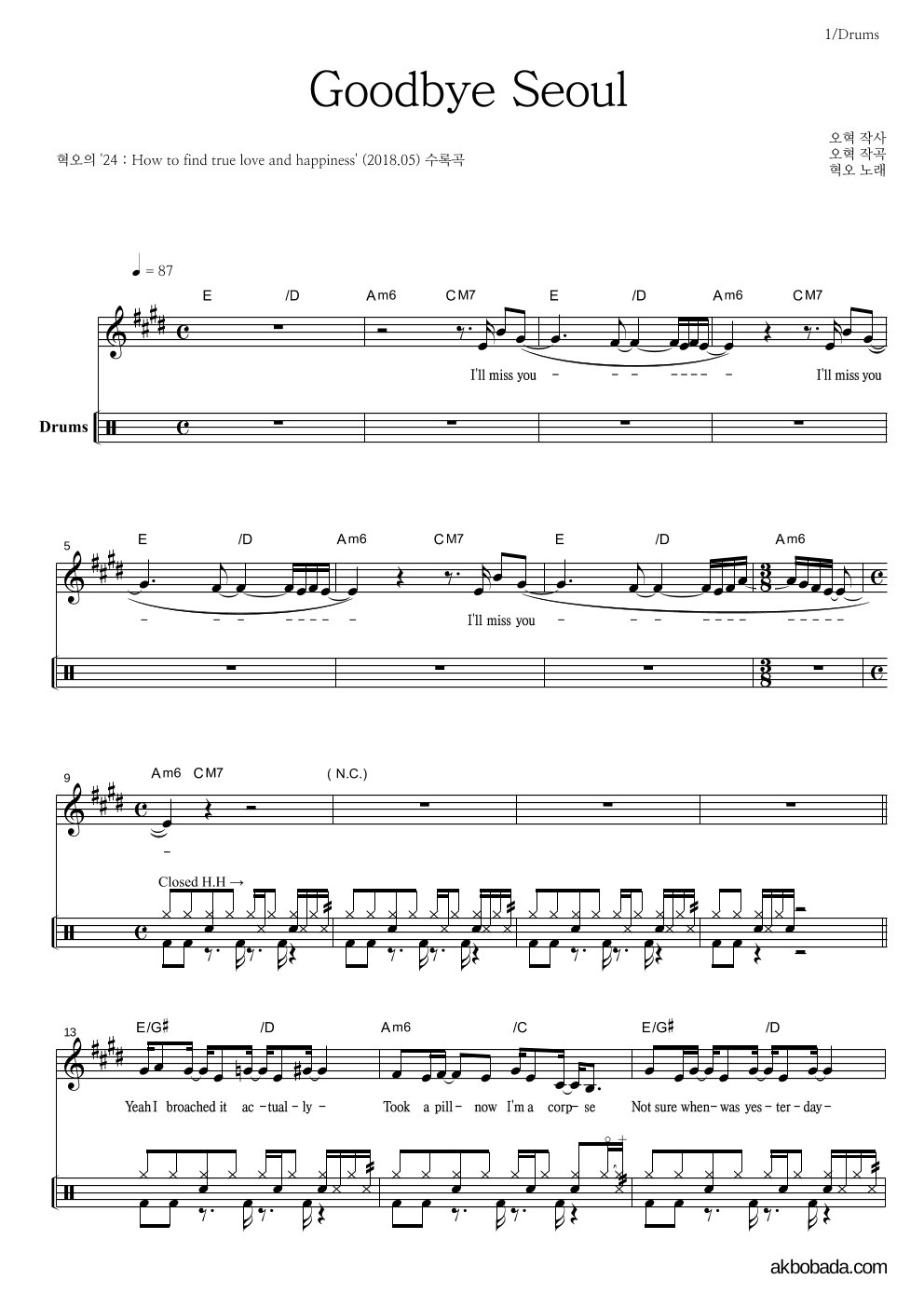 혁오 - Goodbye Seoul 드럼 악보 