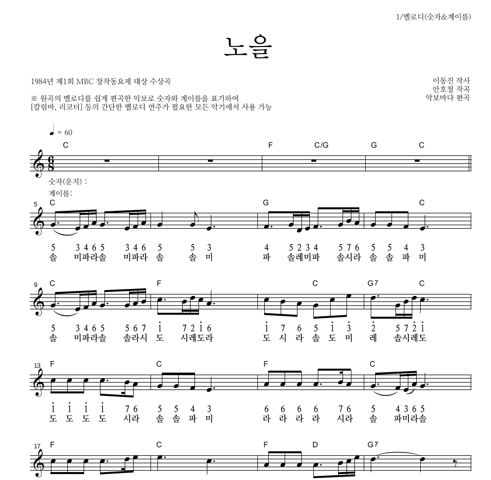동요 - 노을 멜로디-숫자&계이름 악보 