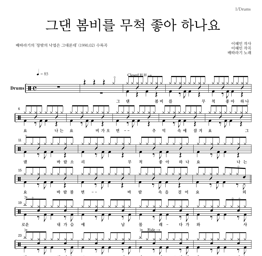 배따라기 - 그댄 봄비를 무척 좋아 하나요 드럼(Tab) 악보 