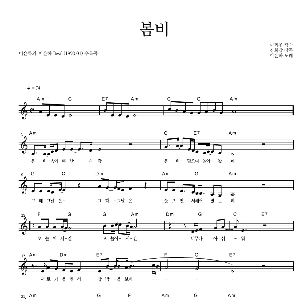 이은하 - 봄비 멜로디 악보 