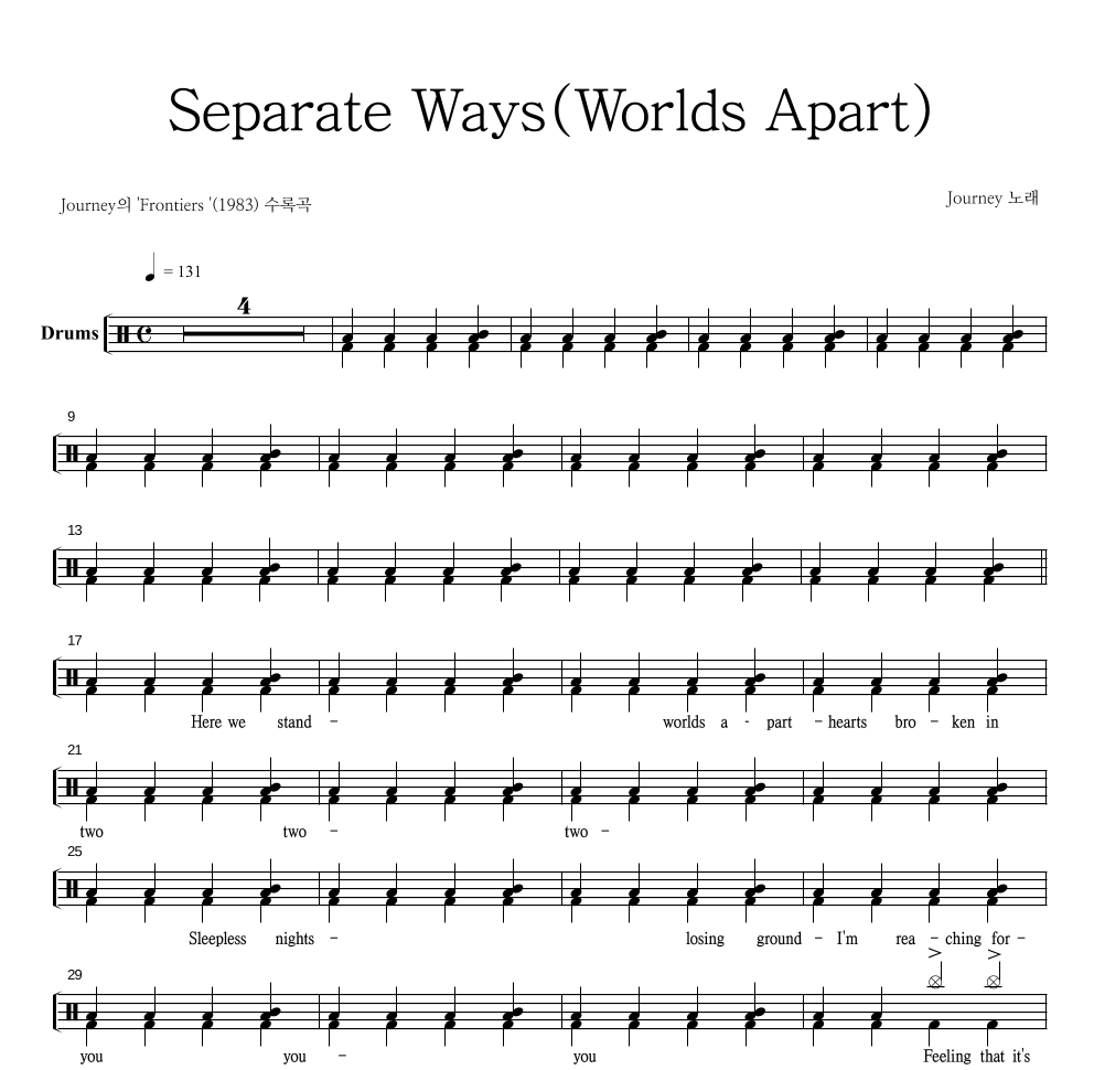 Journey - Separate Ways(Worlds Apart) 드럼(Tab) 악보 