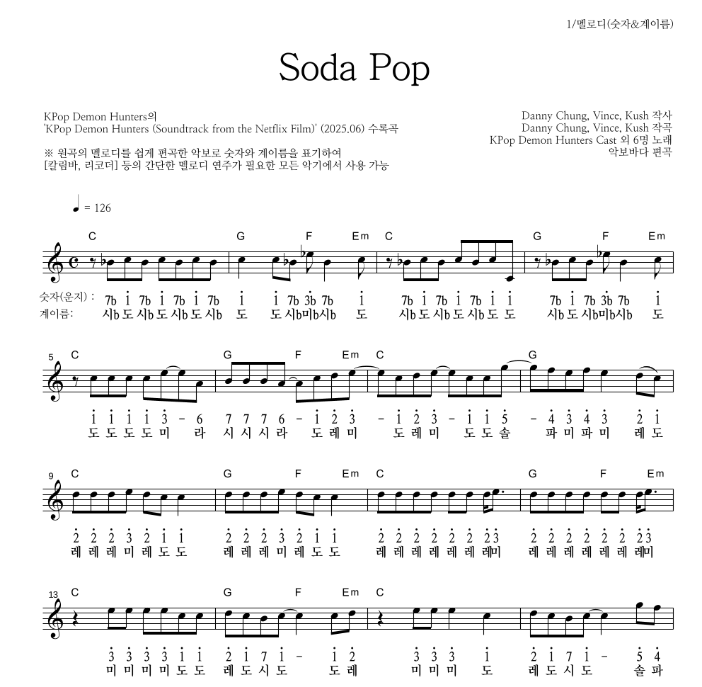 KPop Demon Hunters - Soda Pop 멜로디-숫자&계이름 악보 