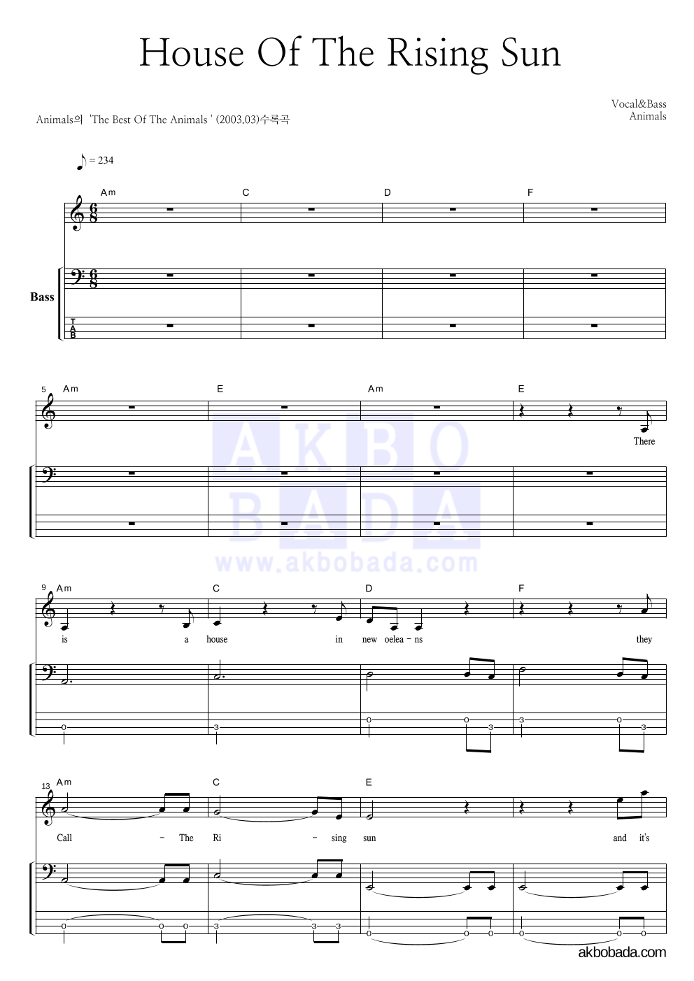 Animals - House Of The Rising Sun 베이스 악보 