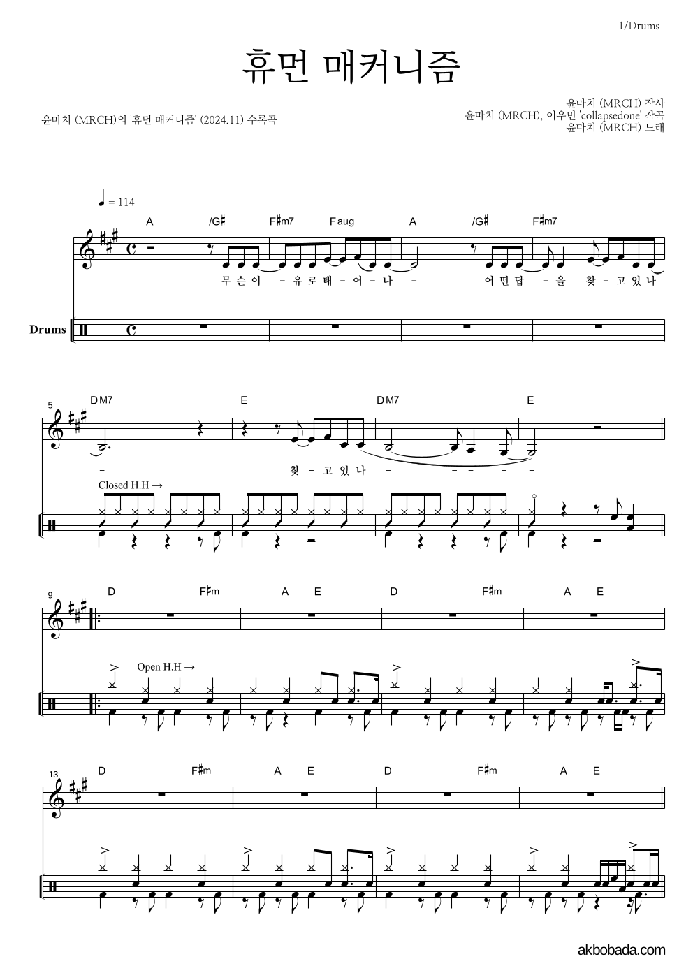 윤마치 - 휴먼 매커니즘 드럼 악보 