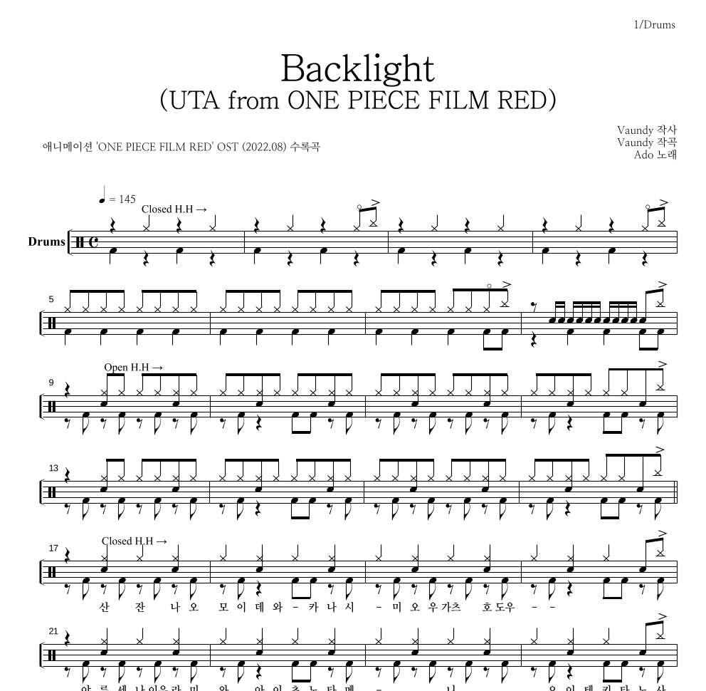Ado - Backlight (UTA from ONE PIECE FILM RED) 드럼(Tab) 악보 