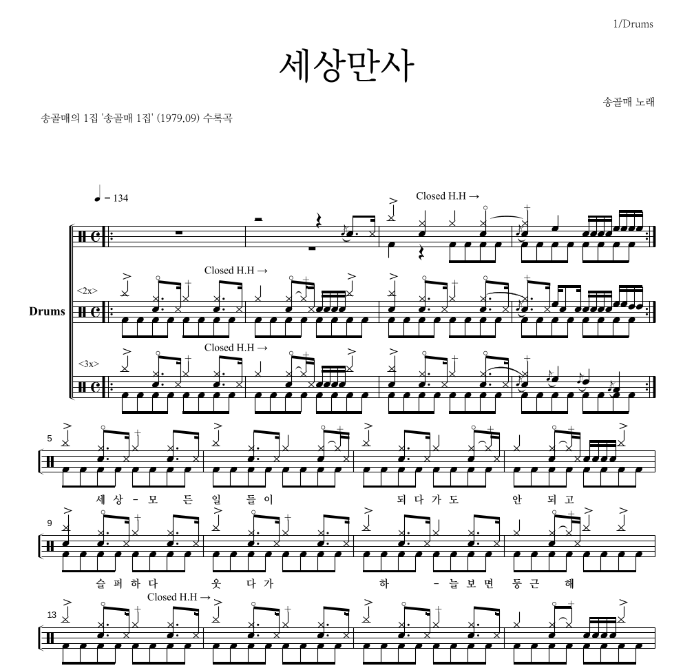 송골매 - 세상만사 (1집 Ver.) 드럼(Tab) 악보 