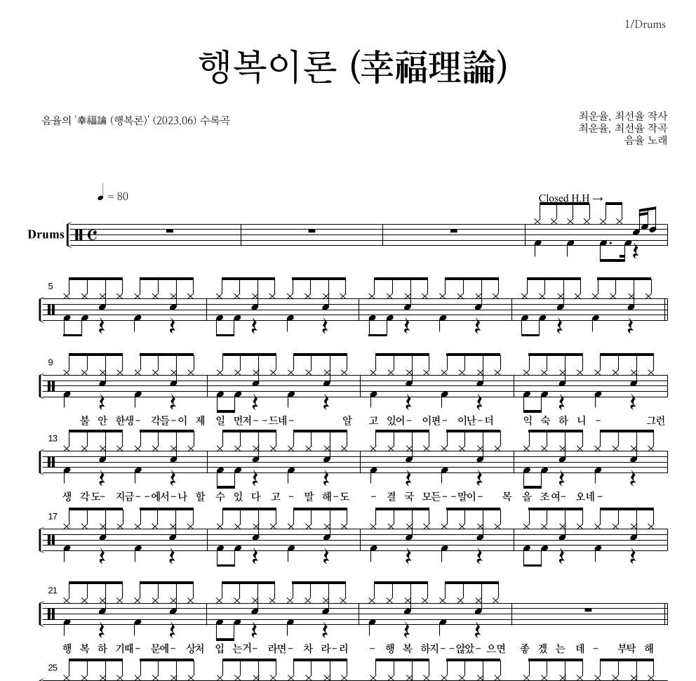 음율 - 행복이론 (幸福理論) 드럼(Tab) 악보 
