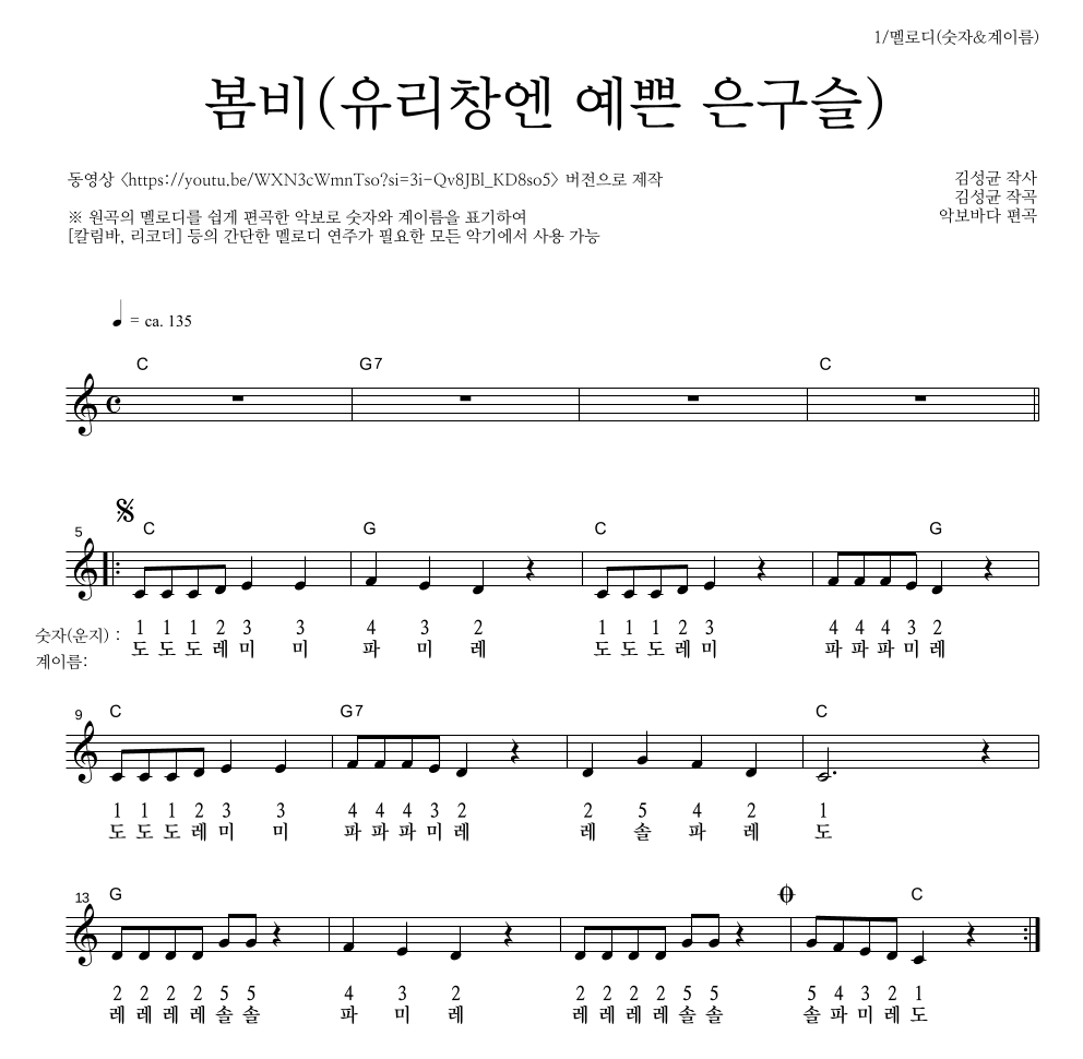 동요 - 봄비(유리창엔 예쁜 은구슬) 멜로디-숫자&계이름 악보 